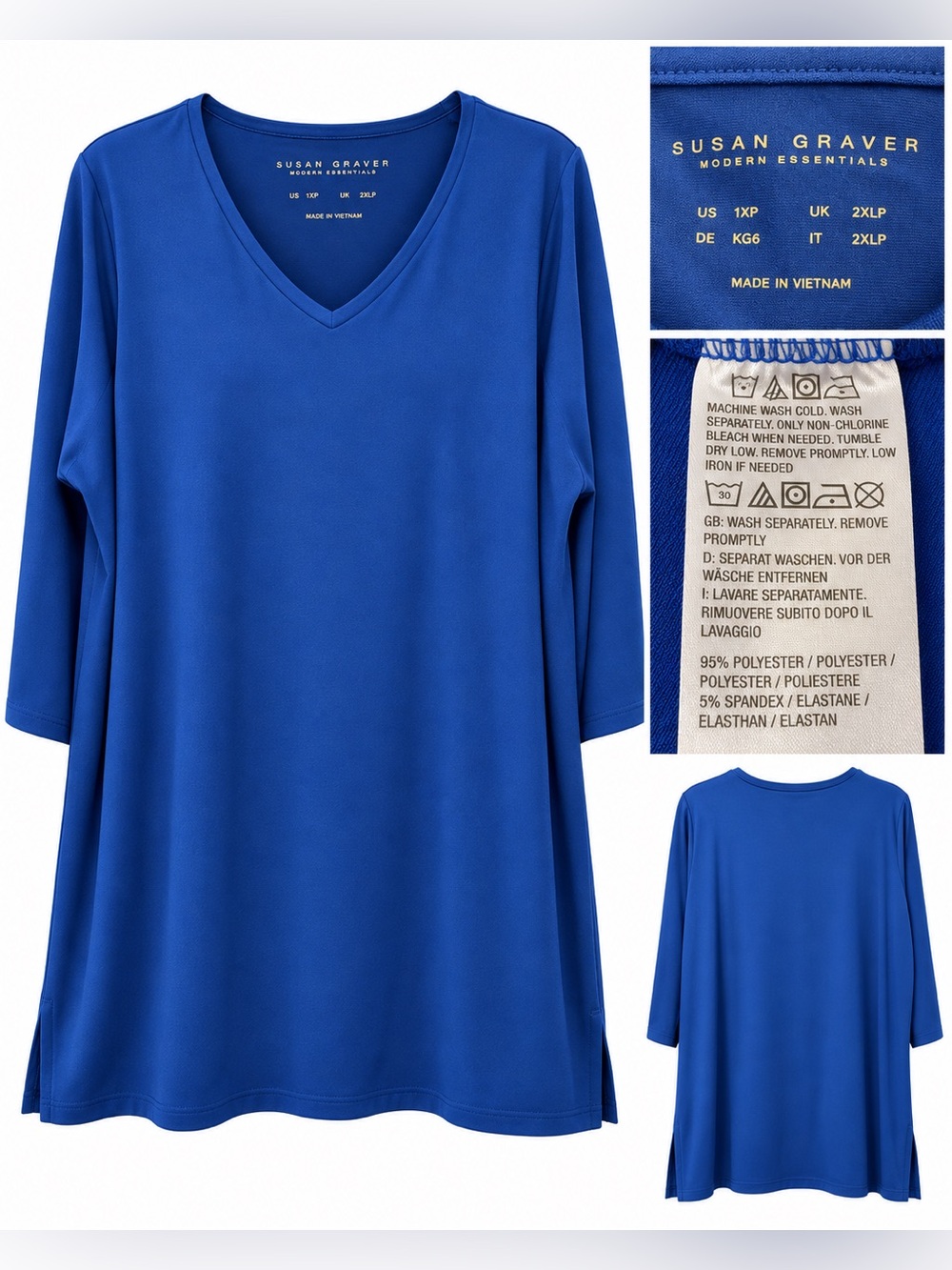 Susan Graver Modern Essentials Blue V-Neck Tunic Top 1XP